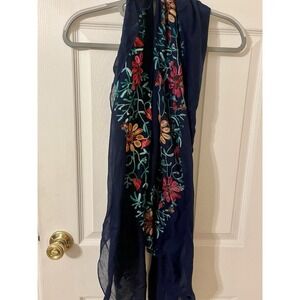 Dark Blue Embroidered Floral Scarf Shoulder Shawl Flowers Casual Women